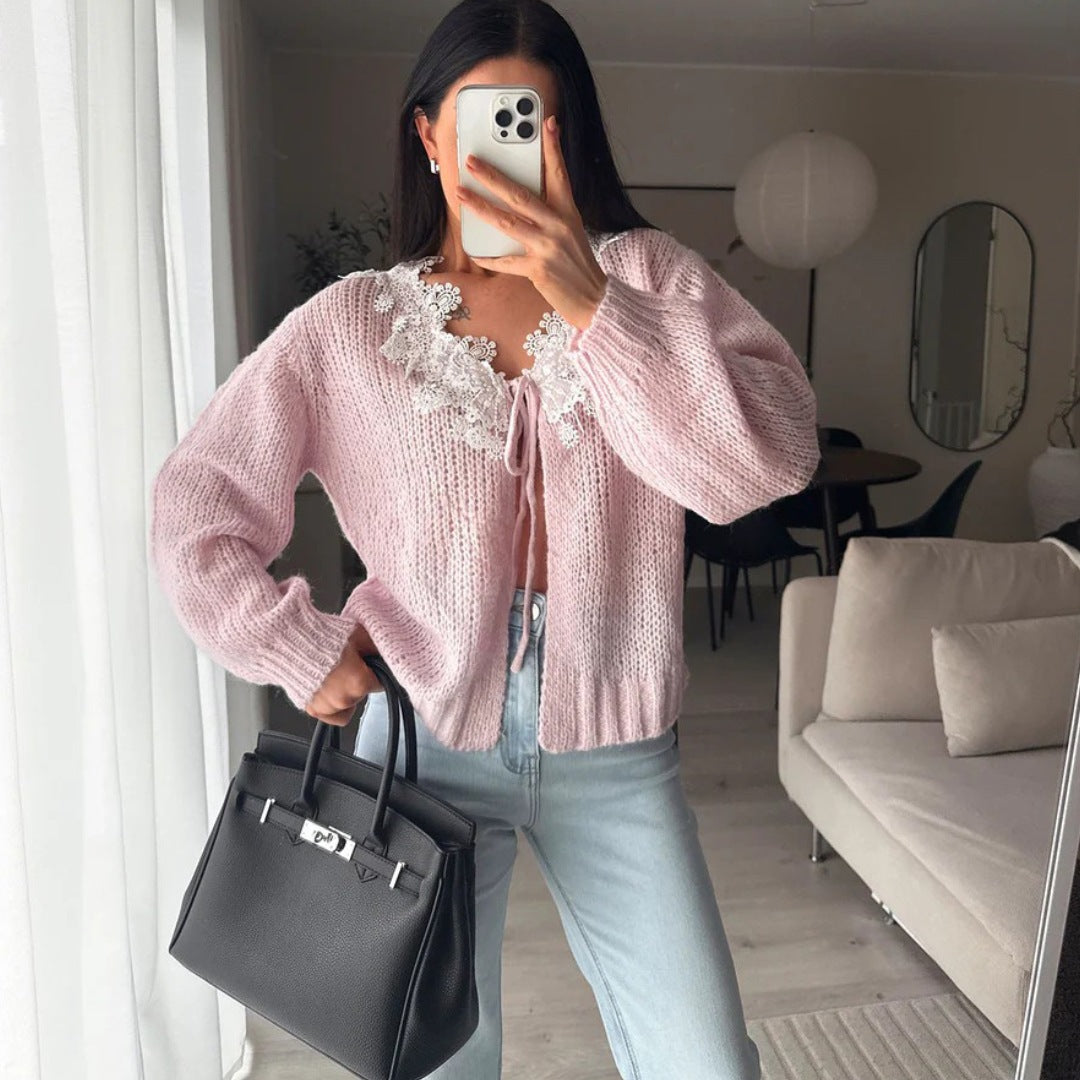 Women's Pink Lace Collar Tie Front Chunky Cardigan