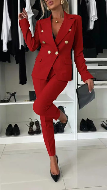 Women's Solid Blazer & Pants 2 Piece Business Casual Set