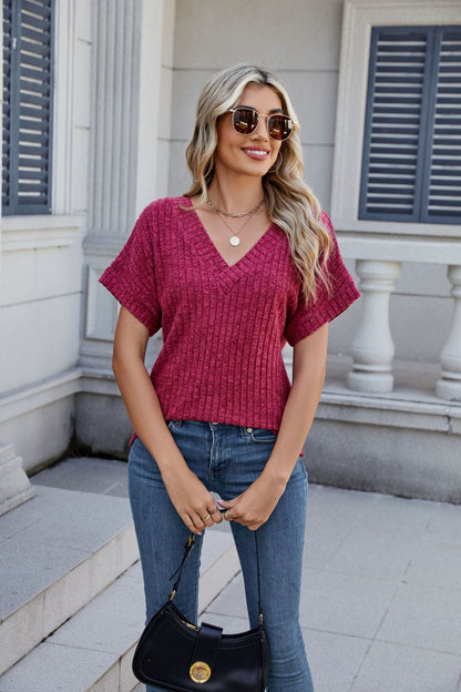 Solid Ribbed Knit Top V Neck Short Sleeve Casual Tee