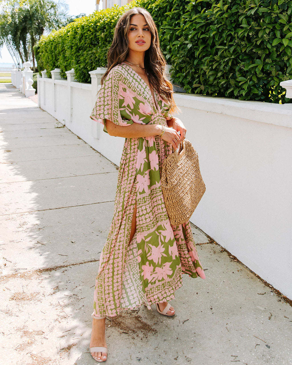 Boho Floral V Neck High Waist Split Maxi Dress
