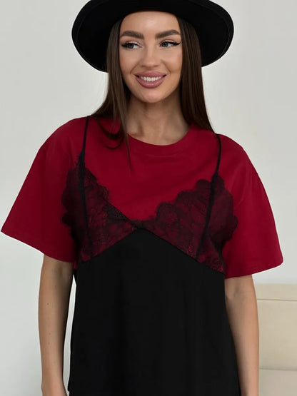 Sexy Lace Splice Loose Tee Top Casual Streetwear Summer Women