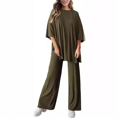 Women's 2 Piece Lounge Set Short Sleeve Top Wide Leg Pants