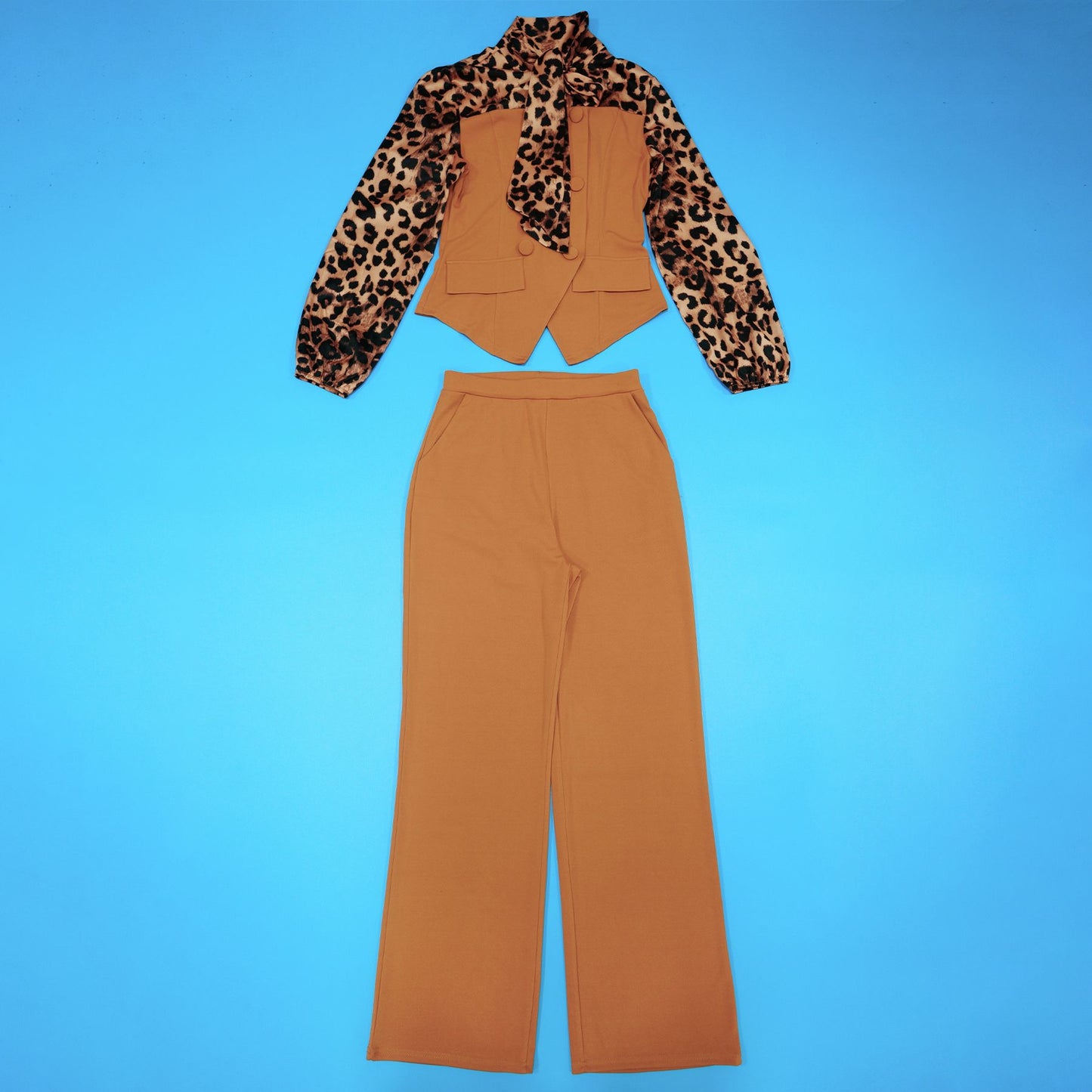 Leopard Print Tie Neck Blouse & Wide Leg Pants Set