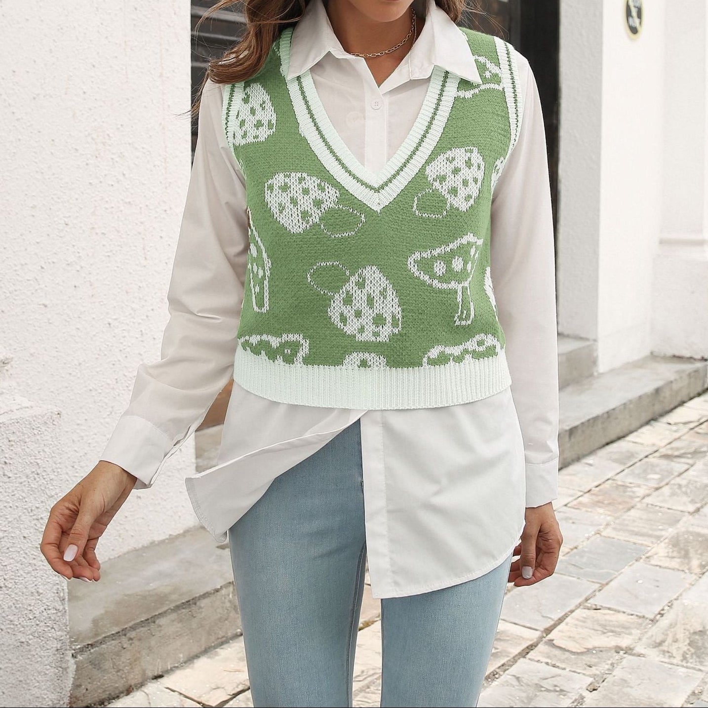 Women's Mushroom Argyle V Neck Knit Sweater Vest
