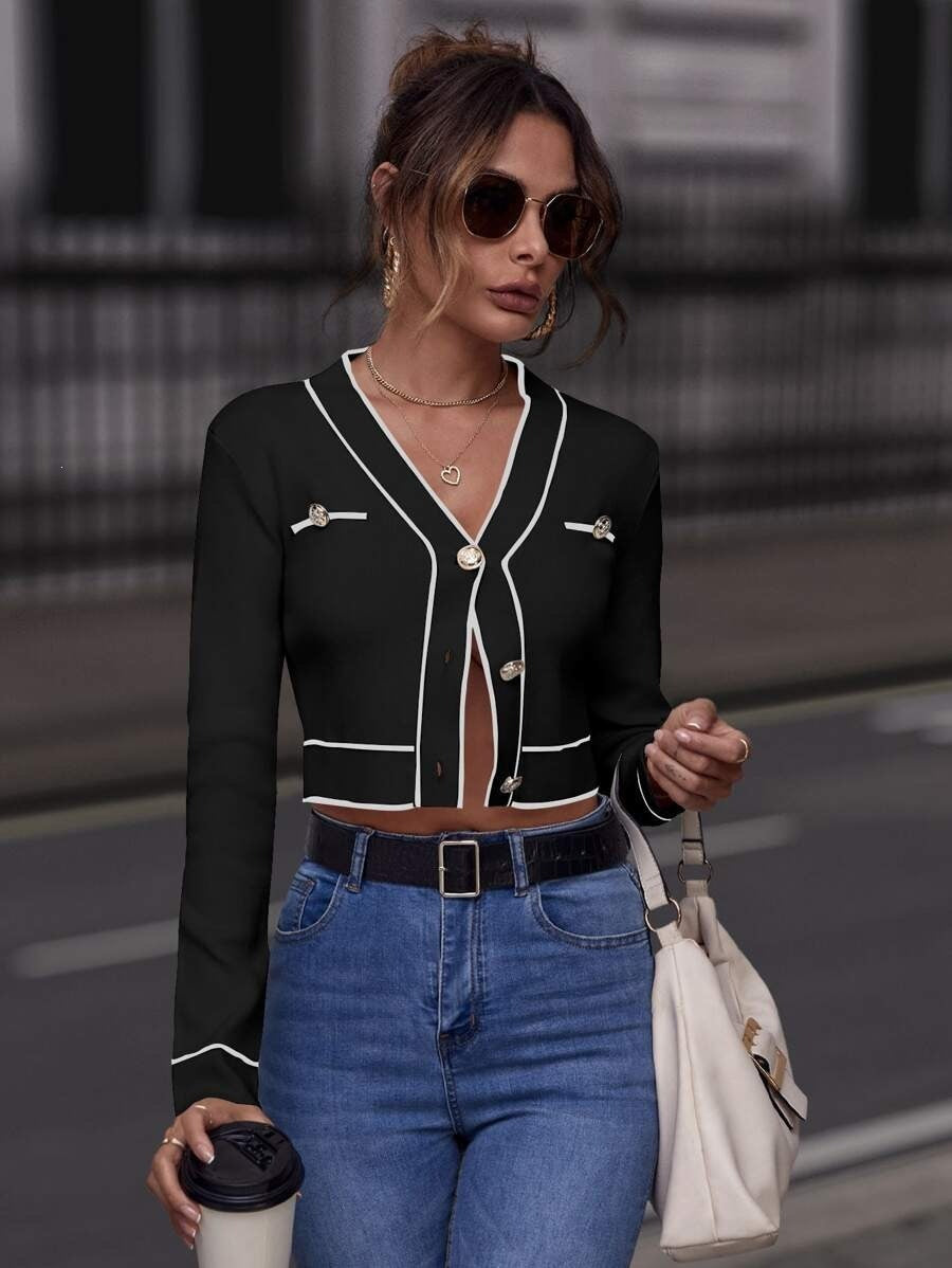 Women's Cropped V-Neck Cardigan Contrast Trim Button Sweater