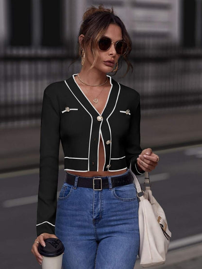Women's Cropped V-Neck Cardigan Contrast Trim Button Sweater