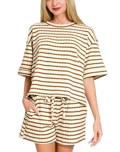 Stripe Textured Knit Lounge Set Casual Shorts Outfit