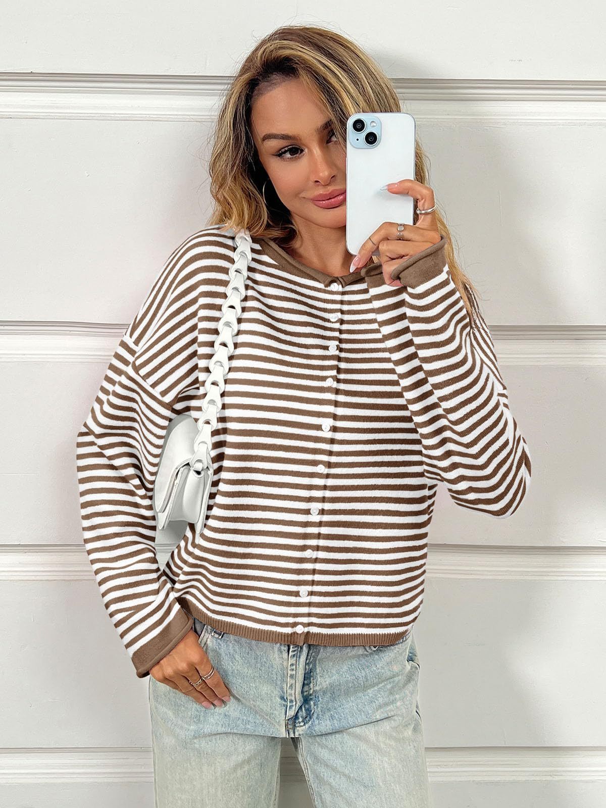 Brown White Striped Button Front Knit Cardigan Sweater