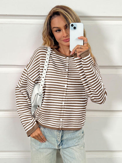 Brown White Striped Button Front Knit Cardigan Sweater