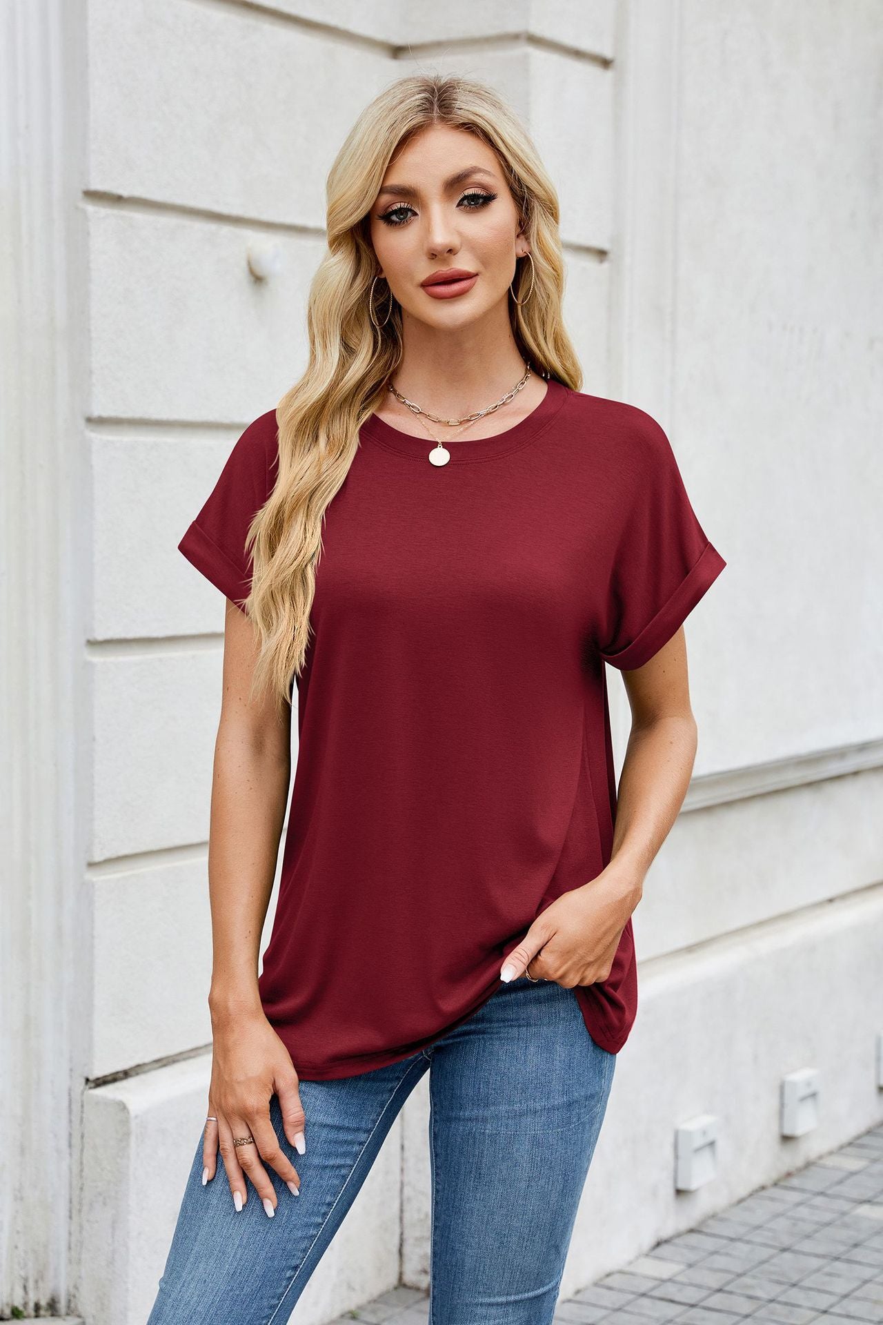 Solid Knit T Shirt Loose Fit Casual Custom Top