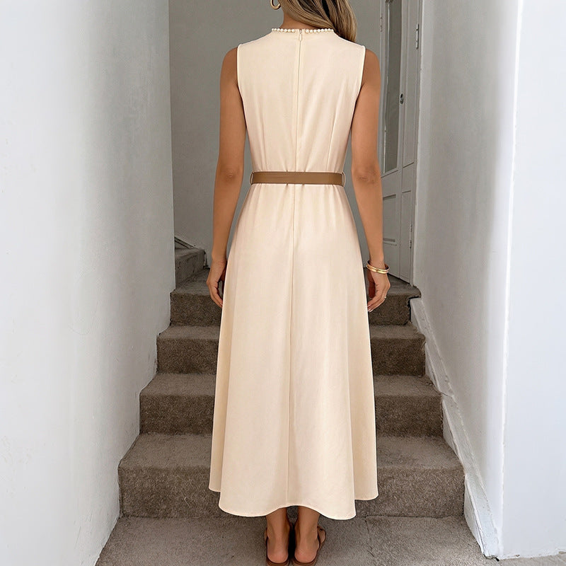 Sleeveless Belted Midi Dress Elegant A-Line Summer Dress