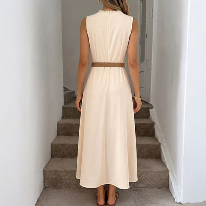 Sleeveless Belted Midi Dress Elegant A-Line Summer Dress