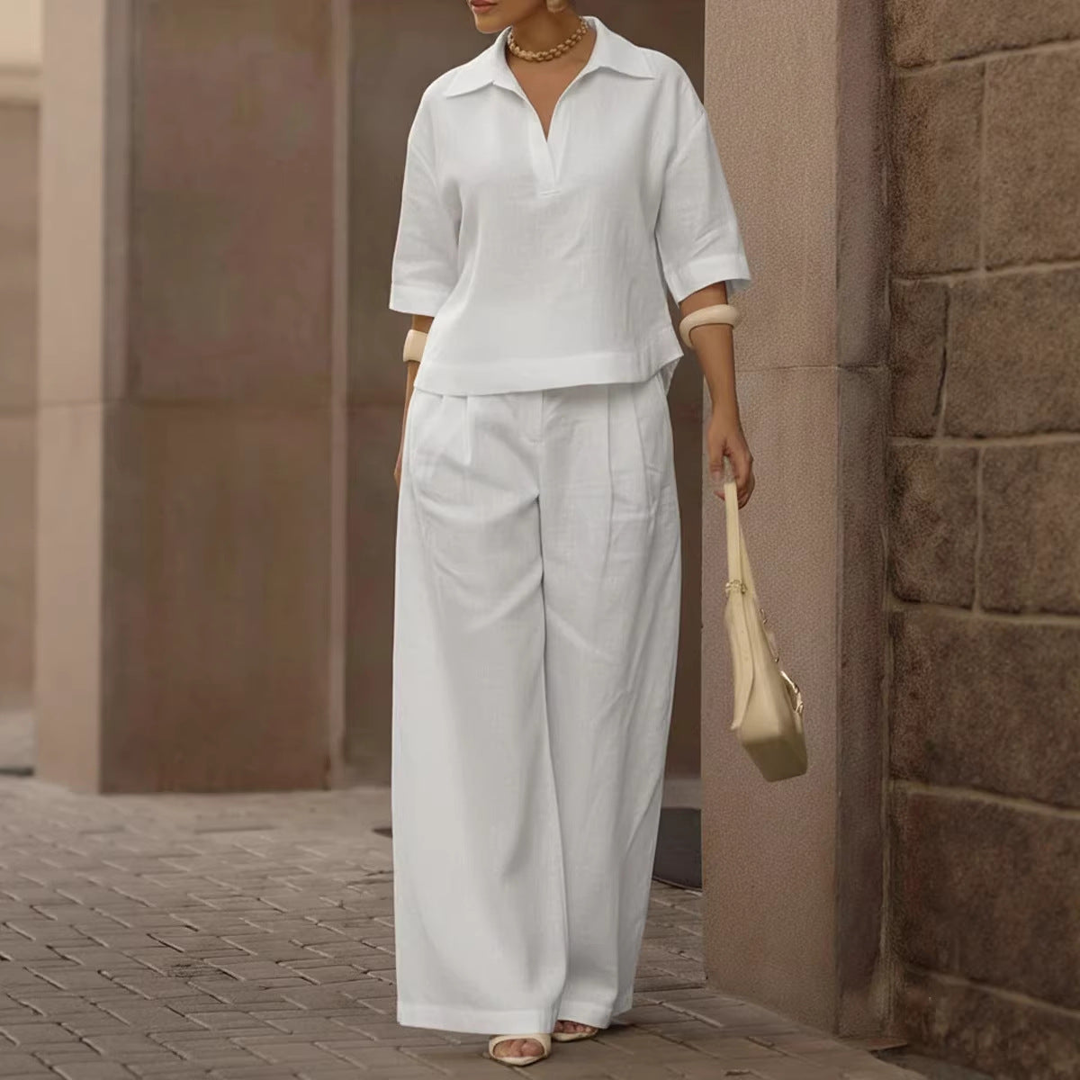 Women's Linen 2 Piece Set Wide Leg Pants Collared Top