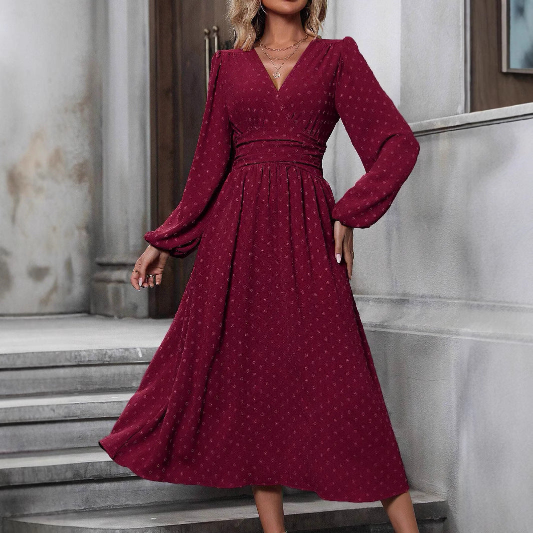 V-Neck Balloon Sleeve Maxi Dress Smocked High Waist A-Line