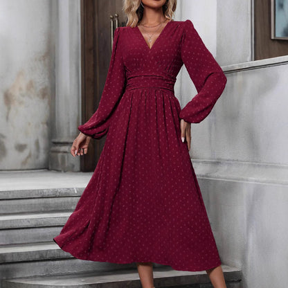 V-Neck Balloon Sleeve Maxi Dress Smocked High Waist A-Line