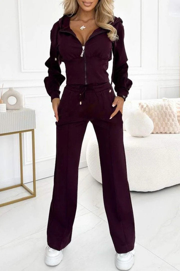 Women's Zip Hoodie Flared Pants Two Piece Lounge Set