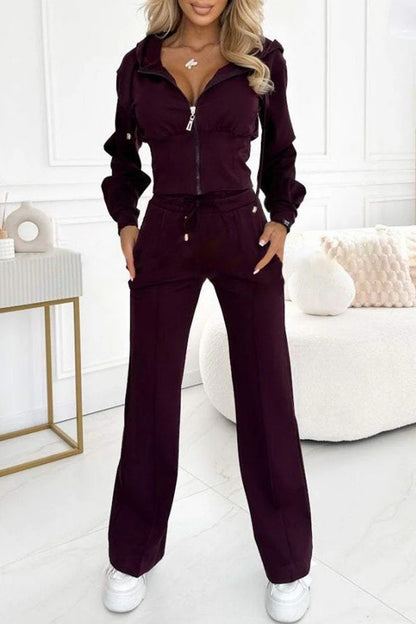 Women's Zip Hoodie Flared Pants Two Piece Lounge Set