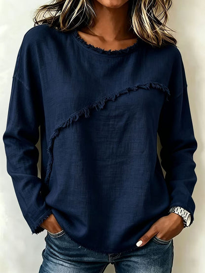 Women's Fringe Trim Crew Neck Long Sleeve Boho Top
