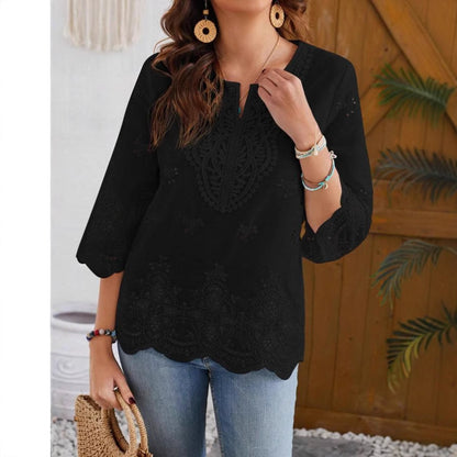 Women's Eyelet Lace V-Neck 3/4 Sleeve Blouse