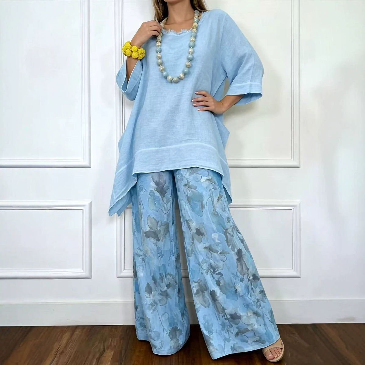 Women's Linen Set Asymmetric Top & Floral Wide Leg Pants