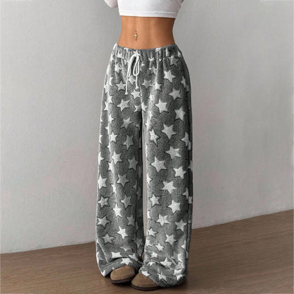 Fuzzy Star Print Wide Leg High Waist Lounge Pants