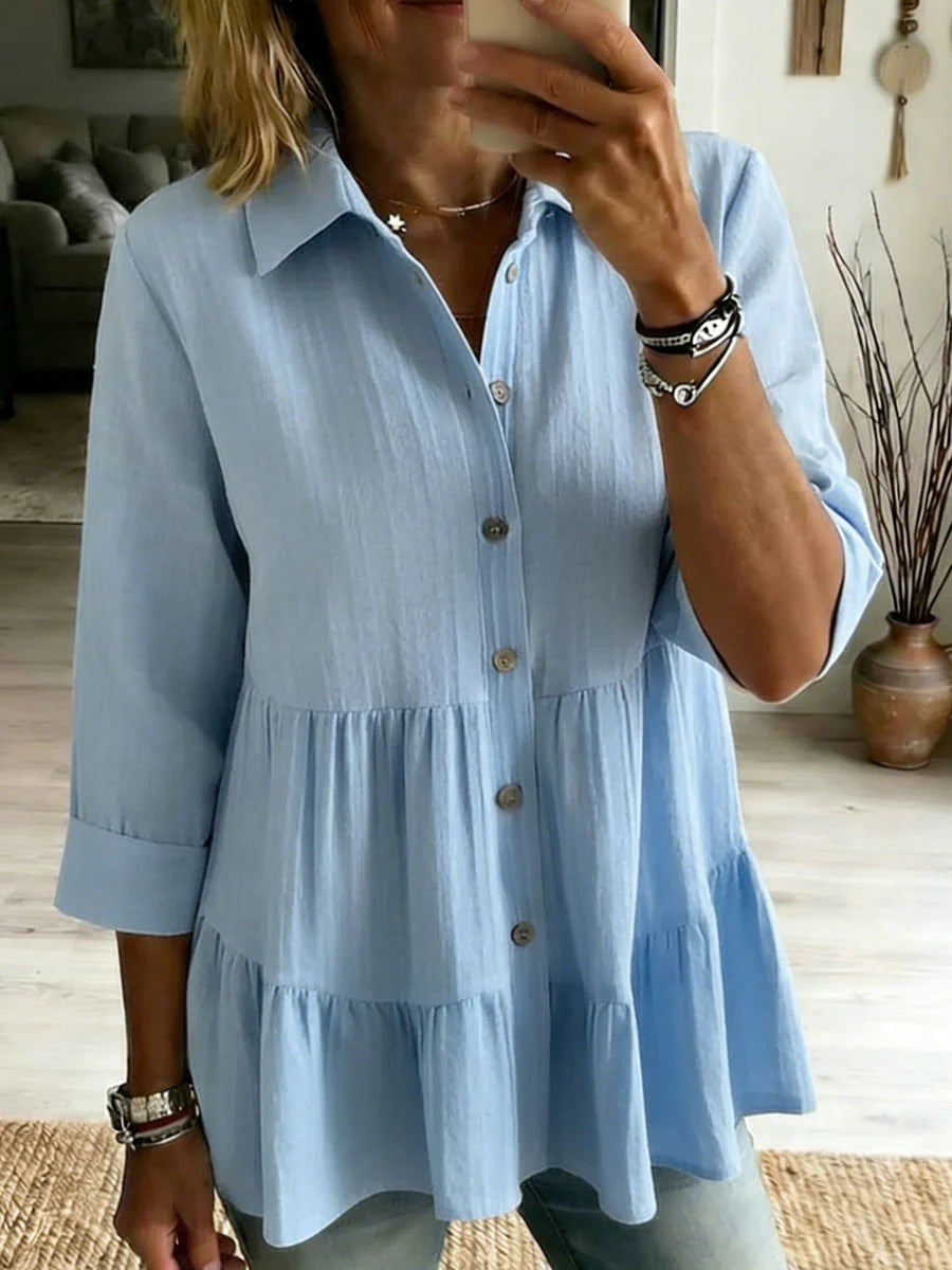 Women's Tiered Collared Long Sleeve Button Down Blouse