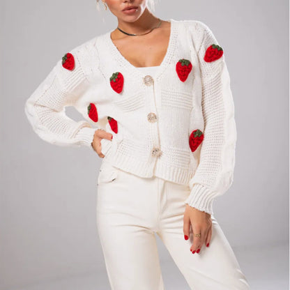 3D Strawberry V-Neck Oversized Knit Cardigan
