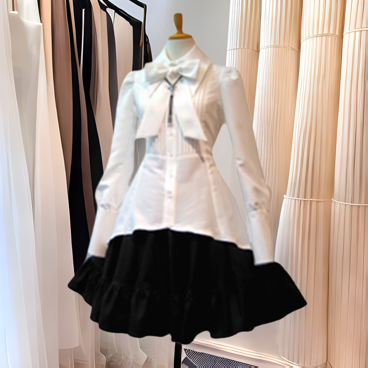 Vintage Bow Tie Shirt Dress Collared Ruffle Midi Black