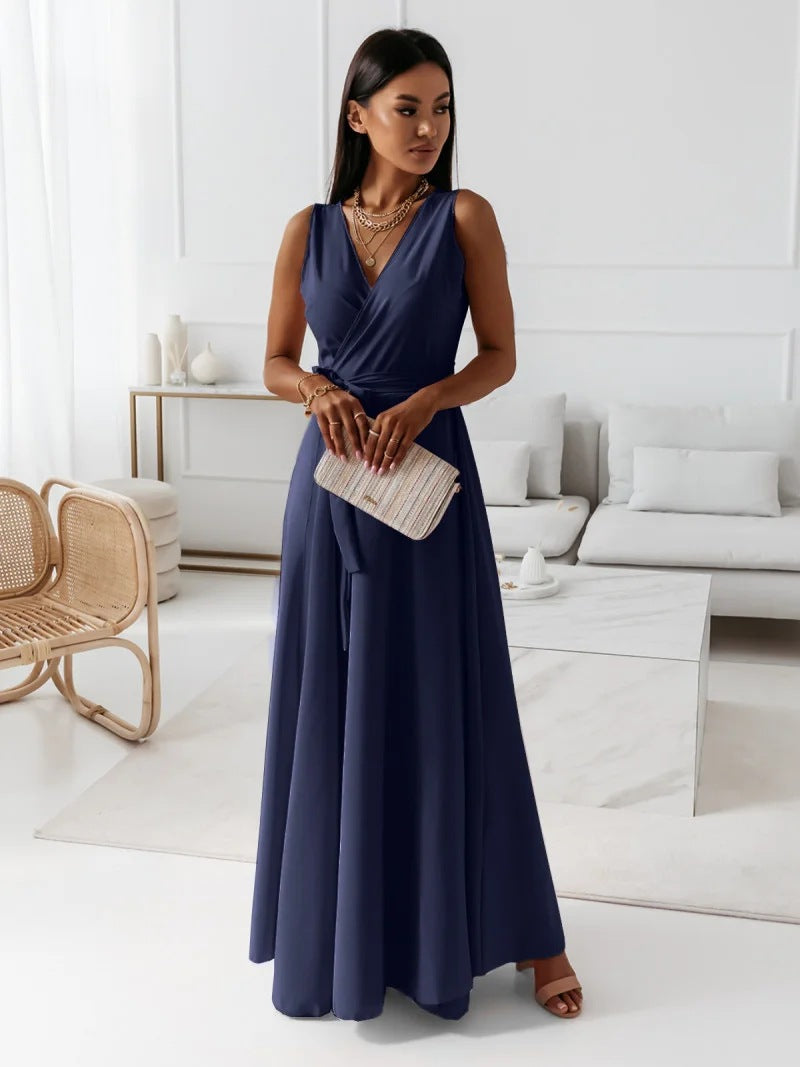 Women's Sleeveless V-Neck Belted A-Line Maxi Dress