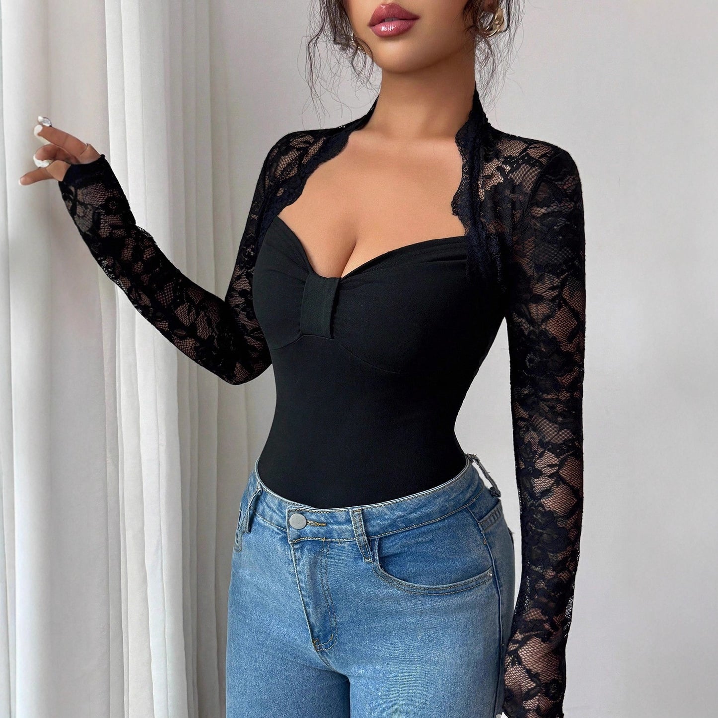 Lace Patchwork Long Sleeve Slim Fit Square Neck Top