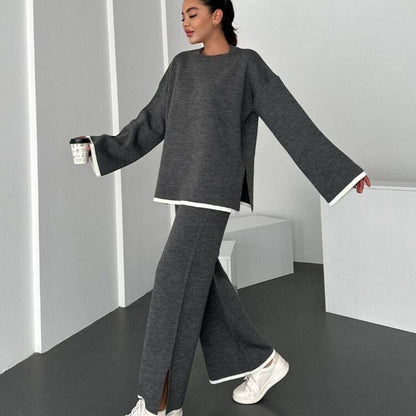 Women Color Block Lounge Set Side Slit Pants