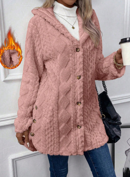 Women's Fuzzy Hooded Button Cardigan Winter Warm Coat