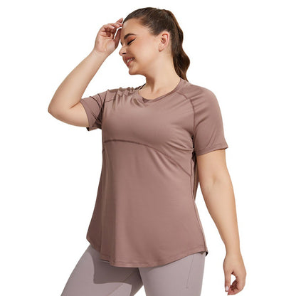 Puls Size Long Slim Yoga Clothes Mesh Beautiful Back Breathable Short Sleeve Fitness Top Sportswear