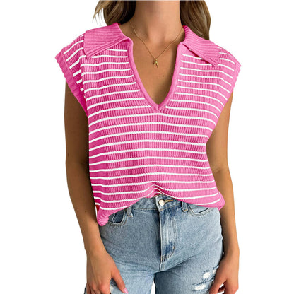V-Neck Striped Knit Sweater, Casual Lapel Top
