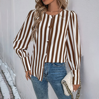 Women's V-Neck Cardigan Striped Contrast Long Sleeve Shirt