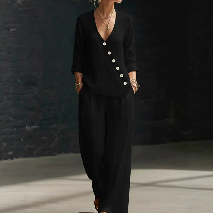 Women Cotton Linen 2 Piece Set V Neck Wide Leg Pants