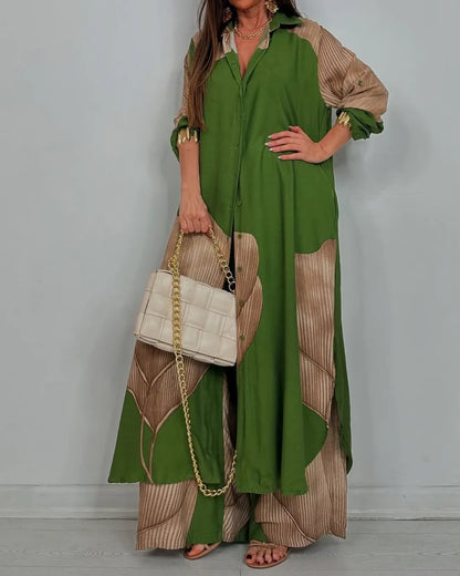 Women Color Block Oversized Shirt Pants Two Piece Set