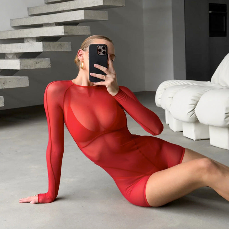 Sexy Sheer Mesh Long Sleeve Backless Romper