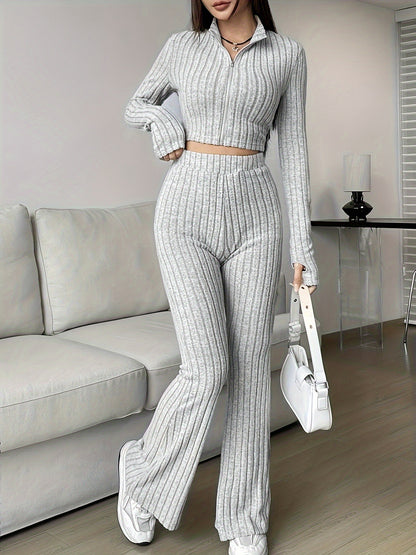 Women's Ribbed Zip Up Crop Top & High Waist Flare Pants Set