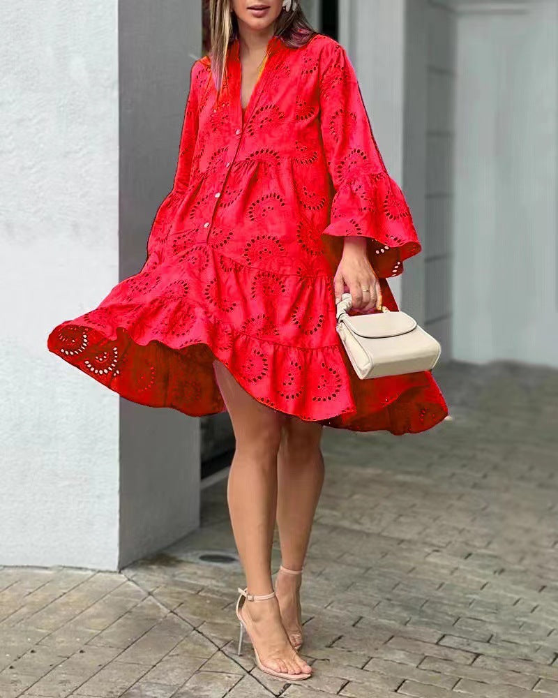 Women's Eyelet V-Neck Tiered Long Sleeve Dress