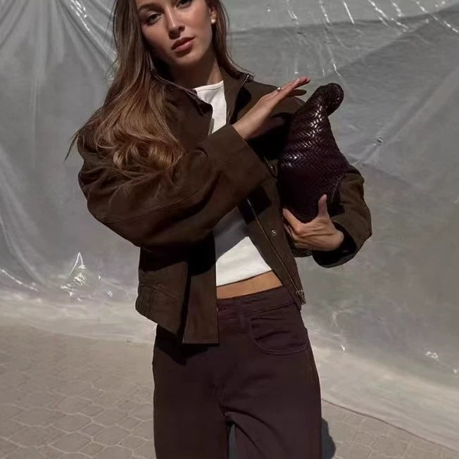 Women Vintage Brown Faux Suede Cropped Bomber Jacket
