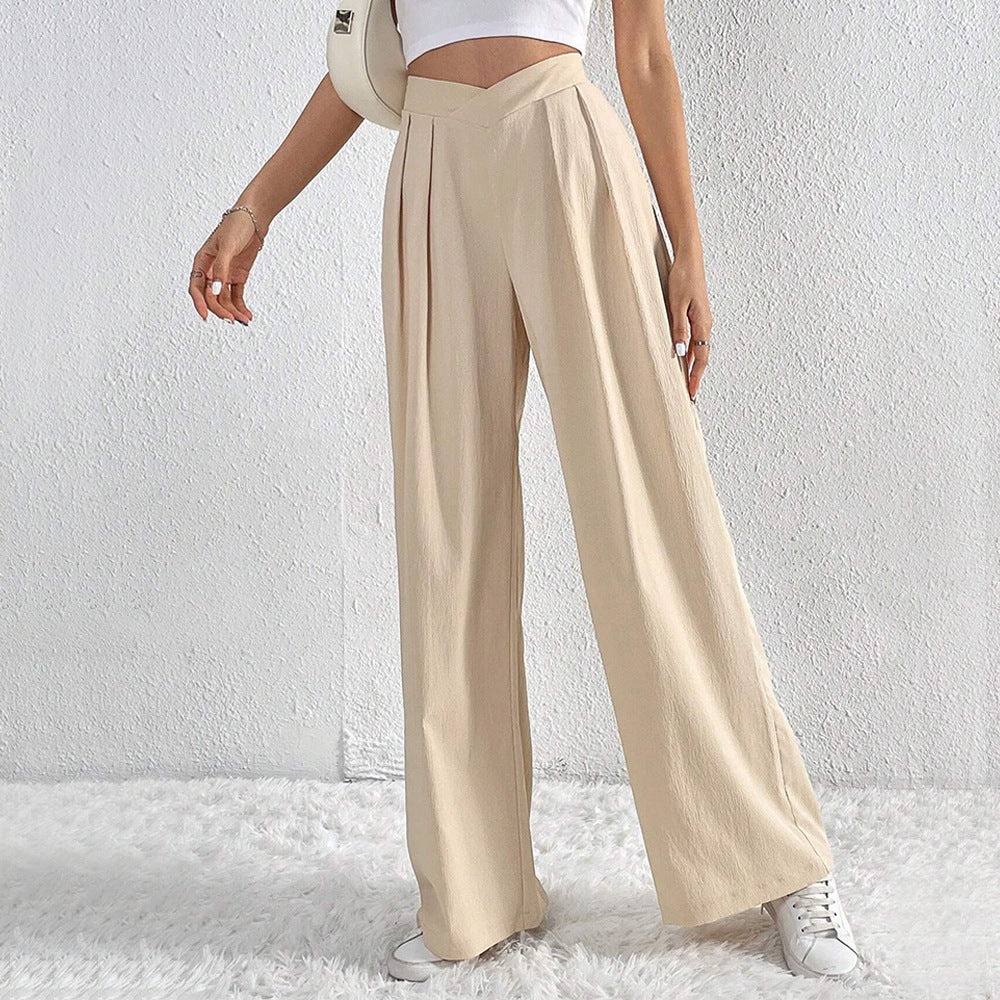 Pleated Wide Leg Pants Asymmetric Waist Trousers