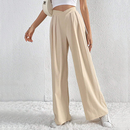 Pleated Wide Leg Pants Asymmetric Waist Trousers