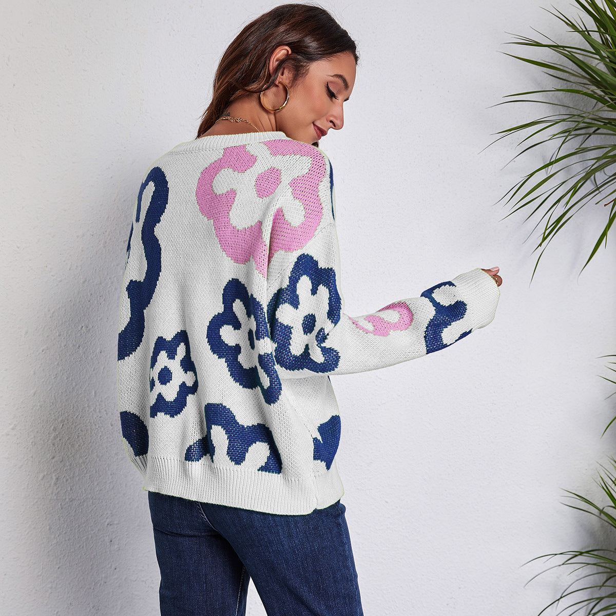 Oversized Floral Color Block Crewneck Sweater