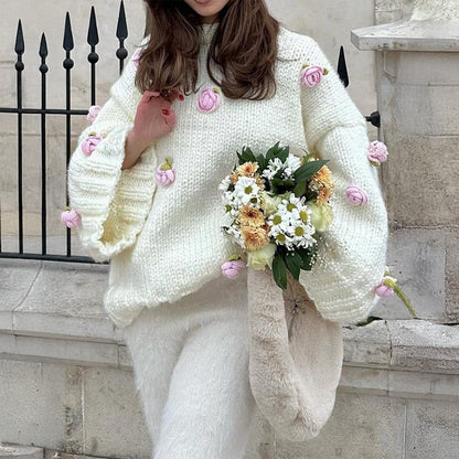 Women's Chunky Knit Oversized Floral Pullover Sweater