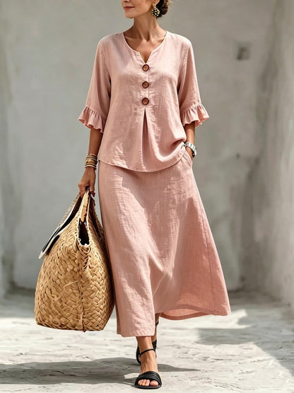 Boho Button Front Flounce Sleeve Top Midi Skirt Set