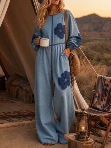 Women's Floral Denim Jumpsuit Wide Leg Loose Long Sleeve