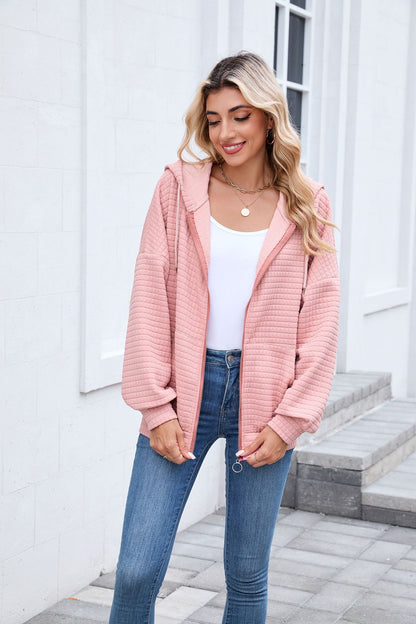 Quilted Zip Up Hooded Jacket Hoodie with Pockets