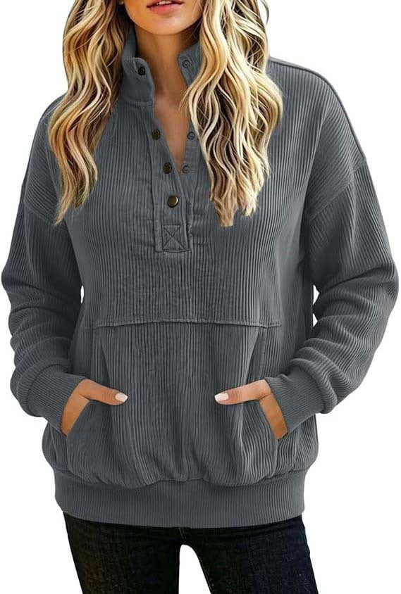 Corduroy Henley Sweatshirt Women Long Sleeve Button Pocket