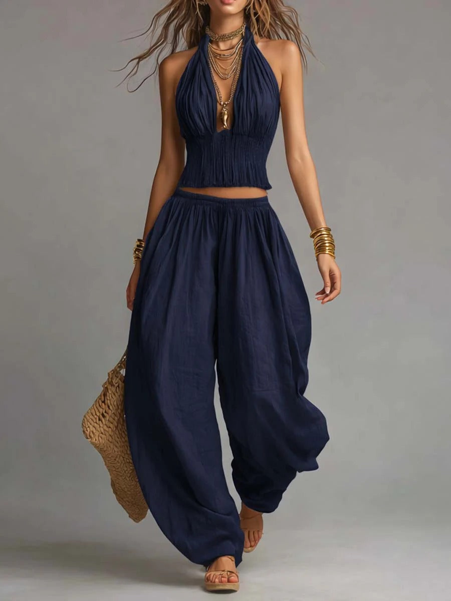 Women's Summer Halter Backless Wide Leg Pants Matching Set